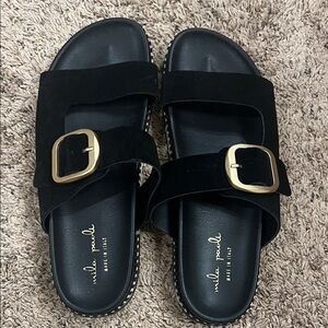 Mila Paoli Black Leather Sandals with Gold Buckle